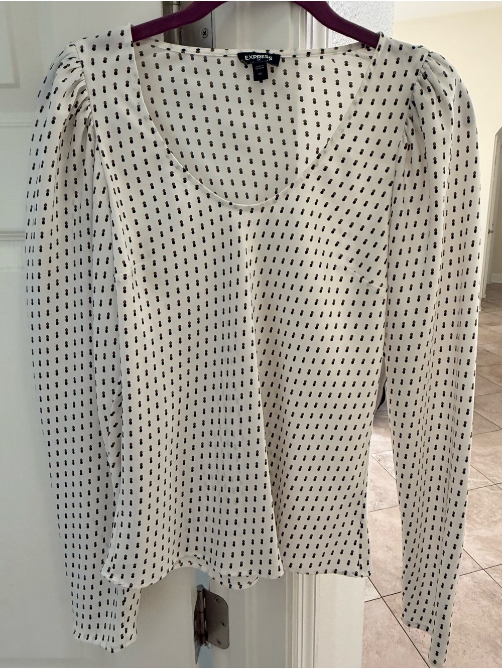 XS Express Women's Cream Long-Sleeve Scoop Neck Blouse w/ Black/Brown Dot Print